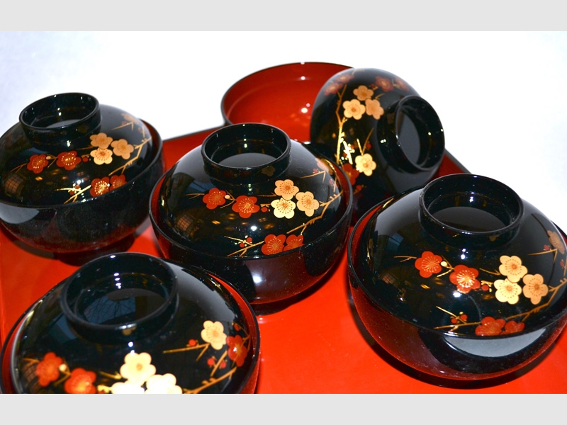 5 Misosuppenschalen Lack Ume / Sakura